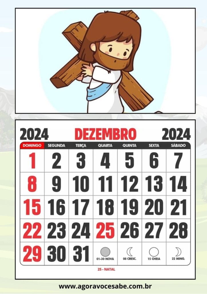 Calendário 2024 Para Educação Infantil - Uma Folha por Mês com Tema Bíblico - Dezembro