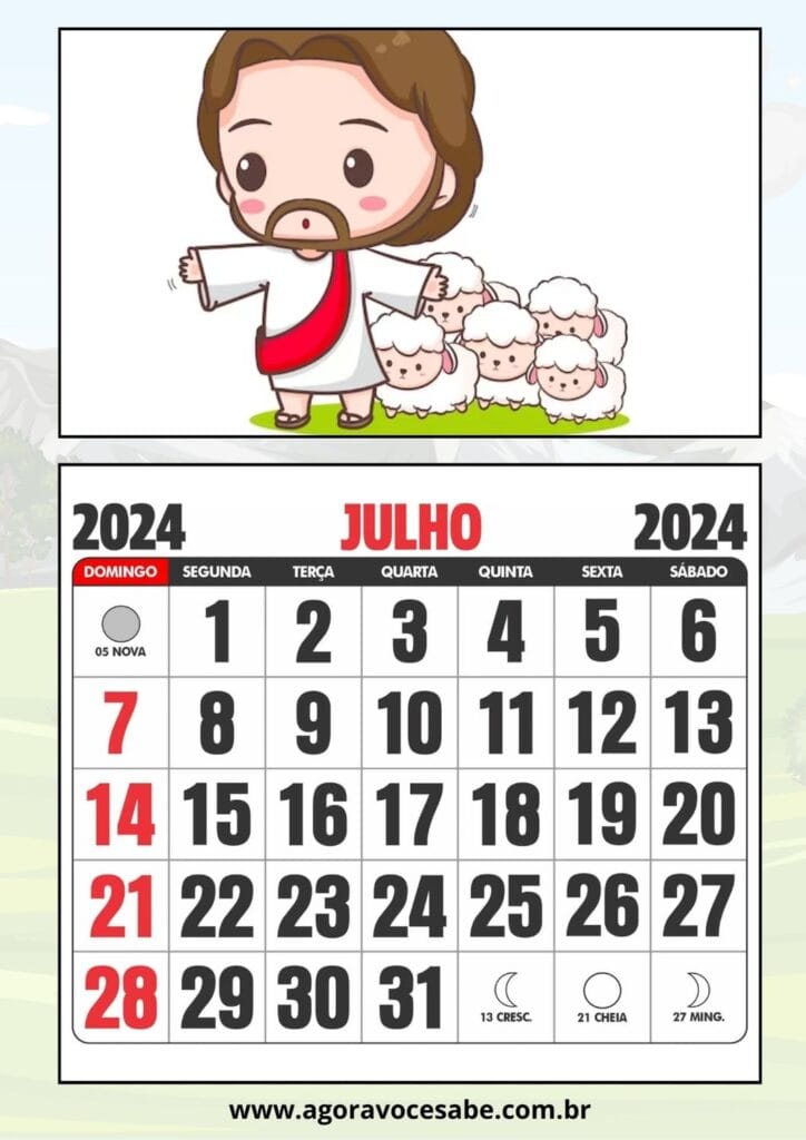 Calendário 2024 Para Educação Infantil - Uma Folha por Mês com Tema Bíblico - Julho