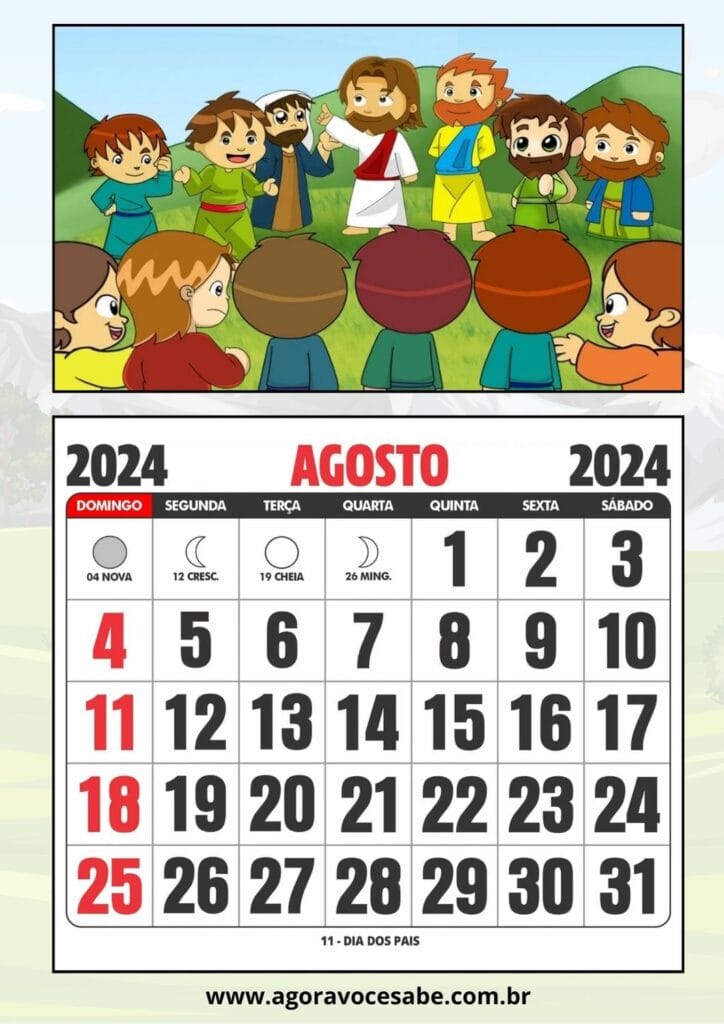 Calendário 2024 Para Educação Infantil - Uma Folha por Mês com Tema Bíblico - Agosto